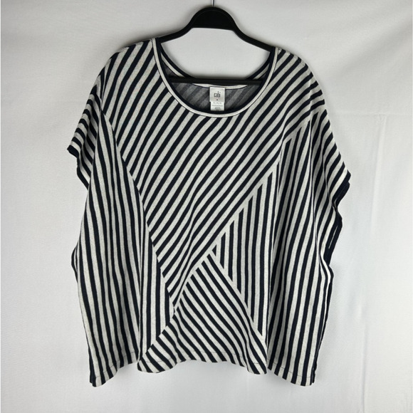 CAbi Lightweight Poncho Sweater Size Medium Navy Grey Asymmetric Stripe Boxy - Picture 1 of 5
